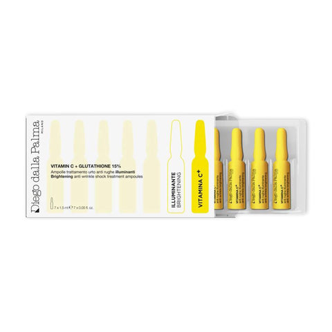 AMPOLLE VITAMINA C + GLUTATHIONE 15% TRATTAMENTO URTO ANTI-RUGHE ILLUMINANTE – Diego dalla Palma – 7 fiale monodose da 1,5ml